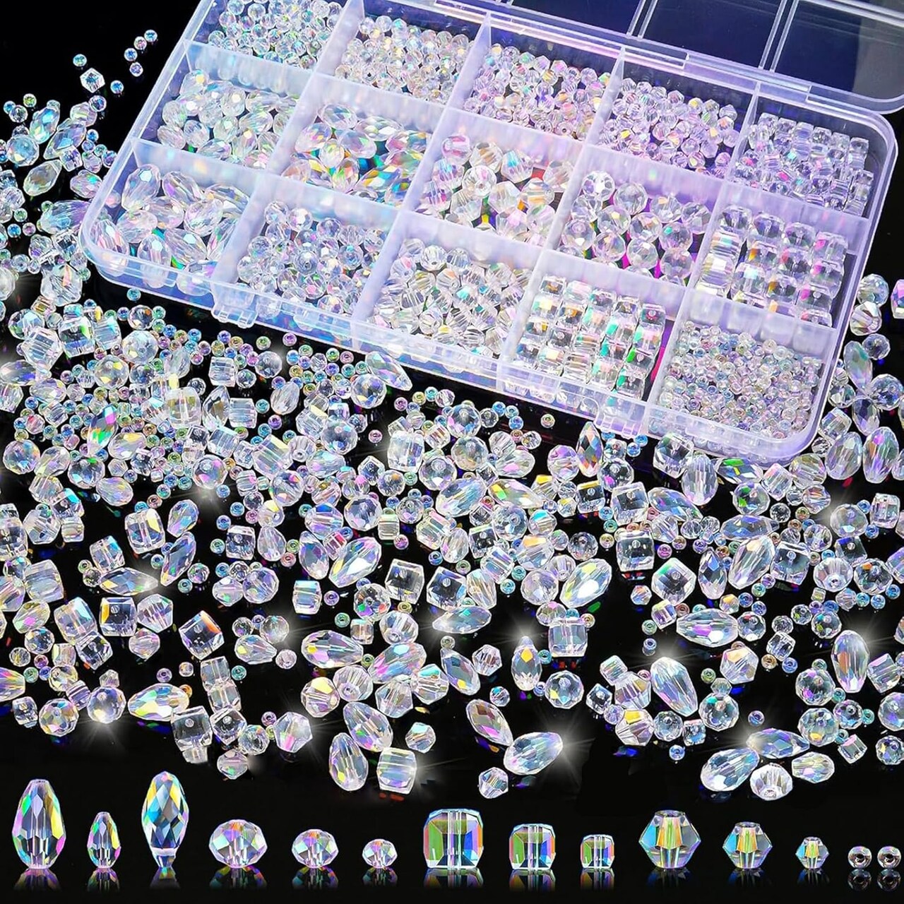 1500-Piece Crystal Glass Beads Kit – 12 Styles Bicone, Rondelle, Cube, Teardrop & 3mm Spacer Beads with Organizer Box for DIY Jewelry Making